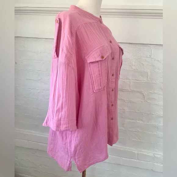 Acacia Swimwear Van Shirt in Sweet Pea Pink Gauze Organic Cotton Button Down - Picture 8 of 12